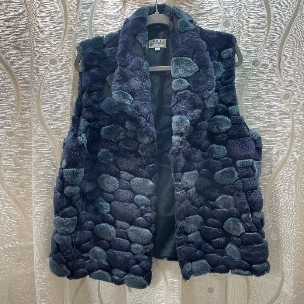 Moffi International Faux Fur Vest Womens Medium Navy Blue Excellent‎ Textured